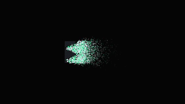 Digital emerald green pixels leak and disintegrate from a grid mass, floating across a dark background in a futuristic data-driven motion graphic loop.