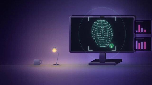 Desktop monitor facial recognition scan room scene building up