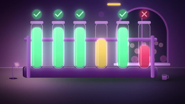 Purple test tubes passing automated tests AI coding close-up animation