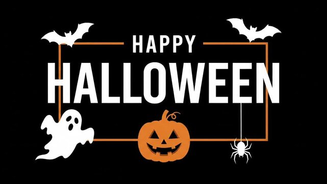 Happy Halloween text banner with pumpkin ghost and bats on black