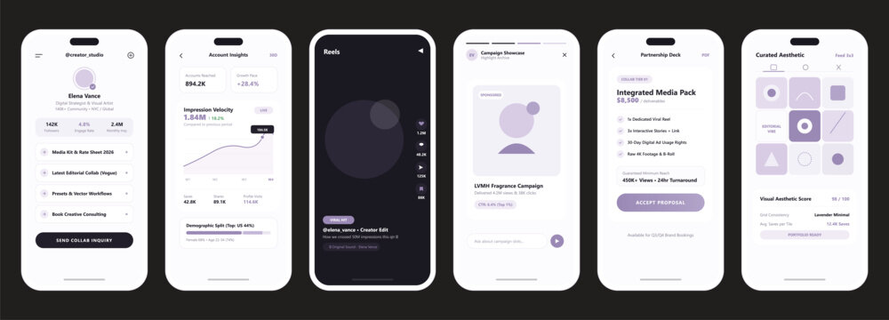 Content creator studio mobile app interface template with soft purple theme