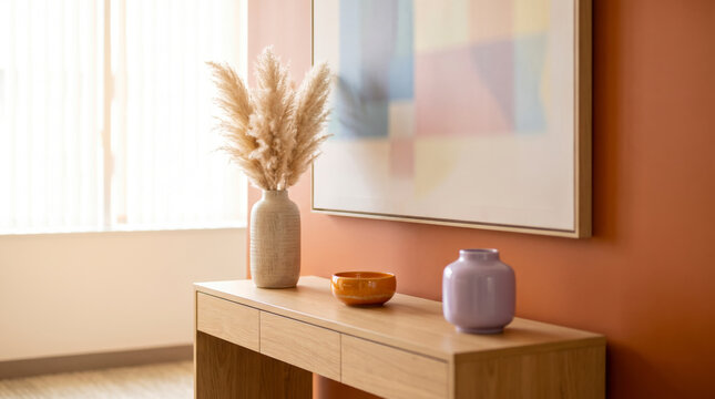 Styled oak console with pampas vase, ceramic bowl, lilac vase and abstract art on terracotta wall