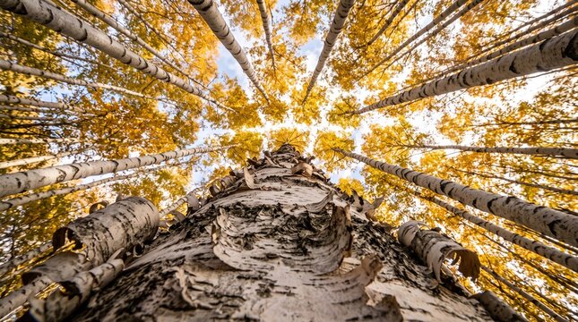 Low angle view of tall birch trees with yellow autumn leaves under clear sky creates immersive perspective of golden forest during fall season light.