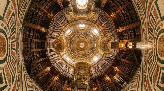 Fisheye lens wide perspective view looking up at ornate circular dome ceiling inside classic baroque library surrounded by tall wooden bookshelves.