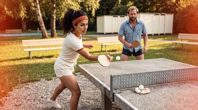 Woman playing table tennis backhand at an outdoor table