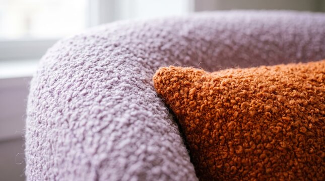 Tactile lavender boucle armchair with terracotta cushion, soft fabric texture and shallow focus