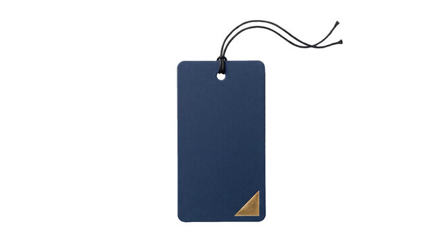 Blank Navy Blue Price Tag with Gold Foil Corner and Black String Isolated on Transparent Background, Luxury Retail Clothing Hangtag Mockup PNG   