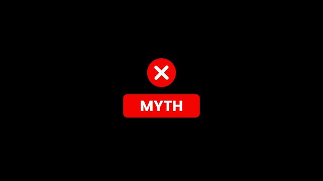 Animated red myth badge with white cross symbol for misinformation, false claims, fact checking and myth debunking, transparent background