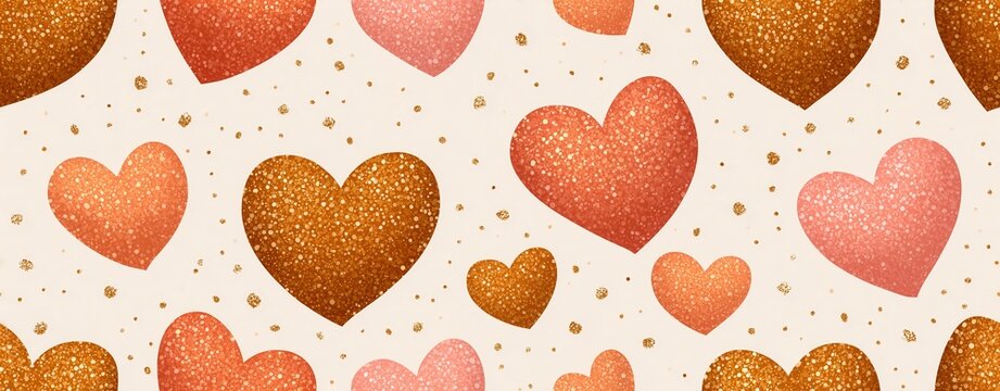Luxury romantic heart texture with golden glitter sparkle dust seamless pattern background, elegant romantic heart texture for love celebration,