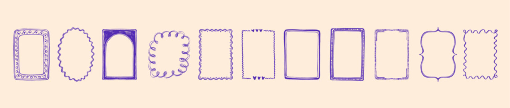 Doodle frame with a cute whimsical border, a purple set of curly, wavy and abstract badge shapes. Minimal hand drawn line outline for holiday greeting or invitation. Squiggle doodle frame for a poster