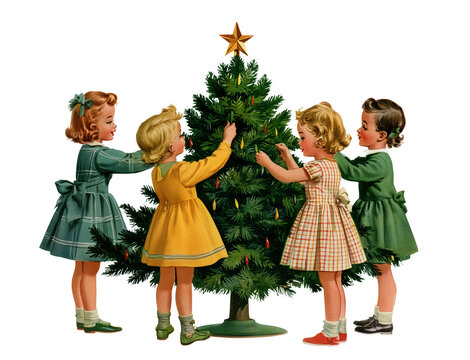 Cute retro children, good girls decorateing a Christmas tree isolated on white or transparent background. 1950s retro Christmas  vintage illustration, png cut out