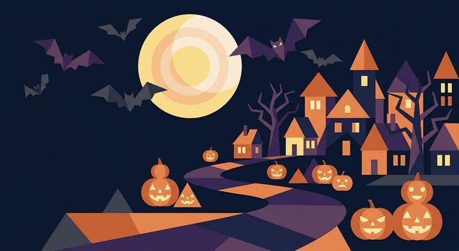 Geometric Halloween vector illustration featuring a crescent moon, miniature angular village, bats, and pumpkins along a winding path.