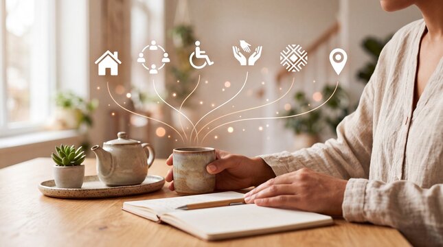 A woman holding a cup of tea at a desk with digital social icons floating with representing community support support services float wooden table notebook person sits wooden