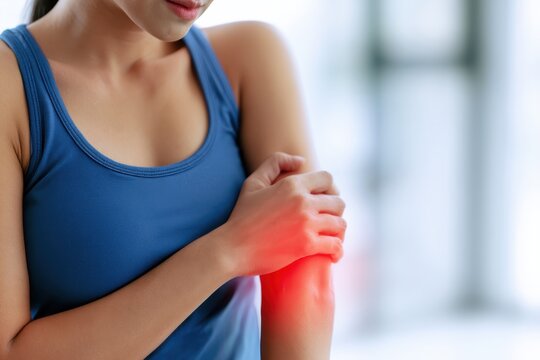 Elbow pain ache. Woman touches massaging her sore elbow due to acute joint pain. Glowing red light on hand arm area showing a severe muscle spasm tendon strain arthritis or sport injury symptom visual