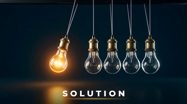 Glowing Light Bulb in Motion as a Pendulum Cradle with Solution Text Symbolizing Creative Innovation, Successful Problem Solving, Business Leadership, and New Inspiring Ideas on Dark Background
