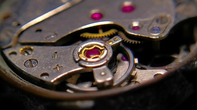 Overhead macro video of vintage automatic watch caliber ticking with gears and jewels