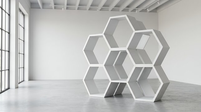 Minimalist white geometric structure featuring clean hexagonal contours displayed inside a blank architectural studio room white hexagonal object 3d render blank room interior geometric shape