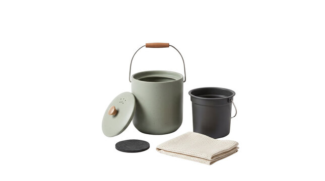 Minimalist ceramic compost bin set, sage green kitchen food waste caddy with charcoal filter and liner, modern sustainable home lifestyle product isolated PNG with Transparent Background