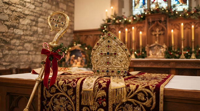 Saint Nicholas Day. Ceremonial mitre and staff with lollipops on the altar