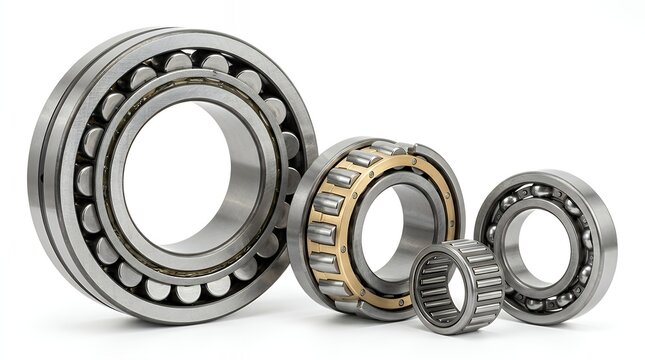 Industrial metal roller bearings displayed in sharp detail against a clean isolated white background showcasing precision engineering components for mechanical device movement and assembly bearing