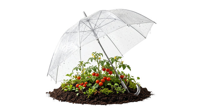 Transparent umbrella protecting young tomato plants in soil, conceptual garden protection and plant care, organic vegetable growth security isolated PNG with Transparent Background