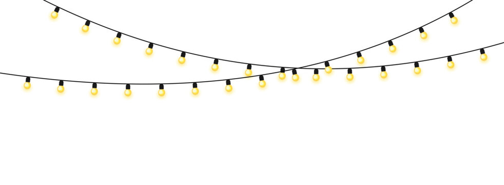 Hanging festoon string lights garland. Glowing warm party incandescent bulbs vector illustration isolated on white background for wedding celebration