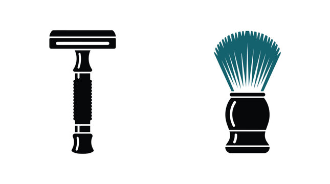 Vintage safety razor and shaving brush vector icon set for male grooming and barber shops