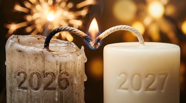 Close-up of a melted 2026 candle passing its flame to a new 2027 candle with sparklers and golden bokeh background, new year transition and time passing concept.