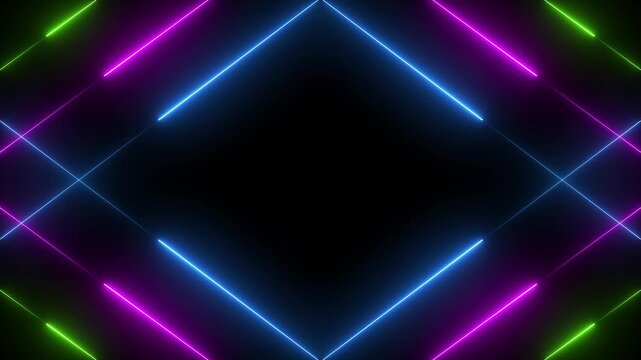 Neon glowing diamond frame abstract background, with pulsing blue, pink, and green, laser lines