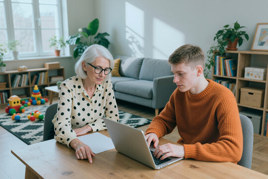 Senior Caucasian woman mentoring Caucasian teenager using laptop at table. Image represents homeschooling, intergenerational learning, and digital education marketing