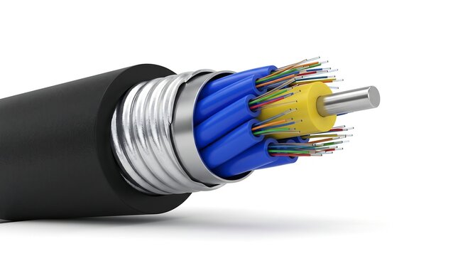 Cross section of a fiber optic cable showing glass strands and metal protective layers with data transmission high speed communication technology networking