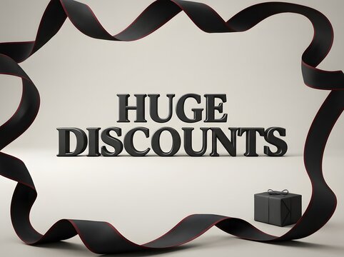 Huge discounts text sign with a black ribbon frame and a small gift box for sales event