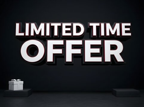 Limited time offer text sign with a small gift box icon on a dark background
