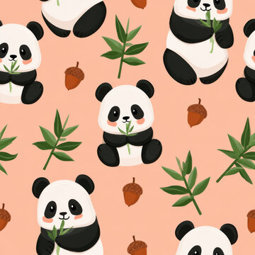 Seamless pattern, chubby pandas eating bamboo and scattered acorns