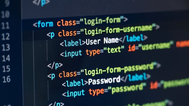 Html code displaying login form structure on computer screen with web development text editor markup language design science programming software