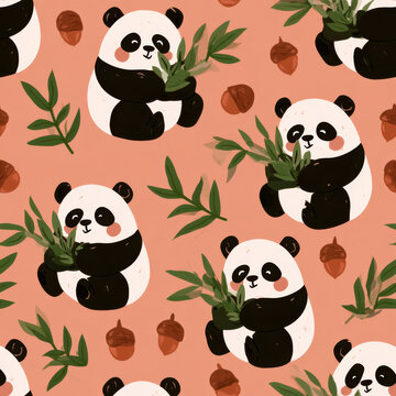 Seamless pattern, chubby pandas eating bamboo and scattered acorns