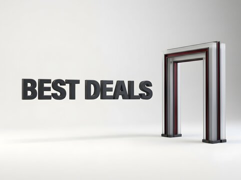 Best deals text sign next to a modern metal archway frame in a clean bright studio space