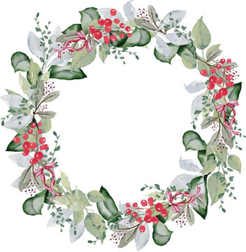 Watercolor Christmas floral wreath with green eucalyptus leaves and red berries isolated on white background