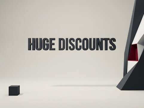 Huge discounts text sign with modern abstract geometric shapes and dark grey color theme