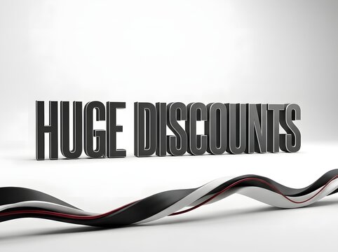 Huge discounts 3d text sign with a modern wavy black and white ribbon line graphic