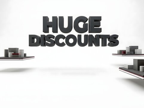Huge discounts text sign with floating product shelves for retail promotion and shopping
