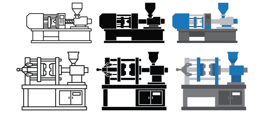 Die casting machine vector icon set. Design of industrial metal molding equipment, automated high pressure casting machinery, and heavy duty foundry hardware.