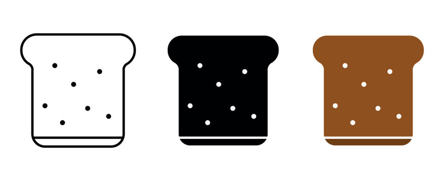Sliced bread toast breakfast food vector icon set in line, silhouette, and flat color styles   