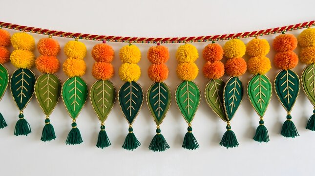 Colorful indian toran door hanging with pom poms and mango shaped decorations