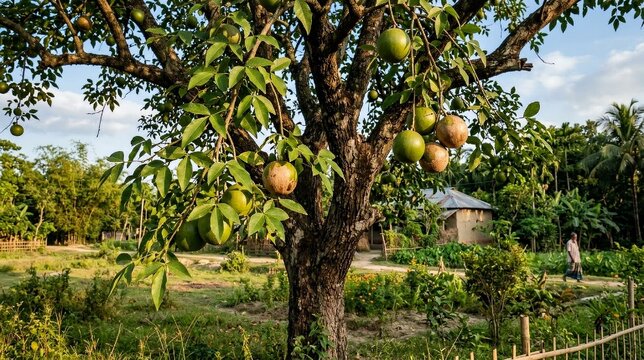Wood apple bael tree with fruits hanging from branches in a village yard with mud house, bamboo fence and a man walking in rural Bangladesh, South Asia