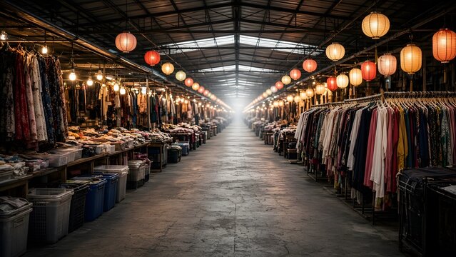 Empty covered lane at a weekend market in Bangkok with paper lanterns and clothing stalls before opening