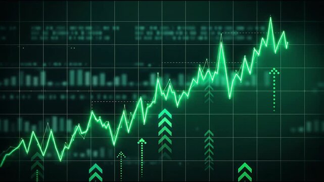 Neon green financial line graph climbing with arrows on digital grid