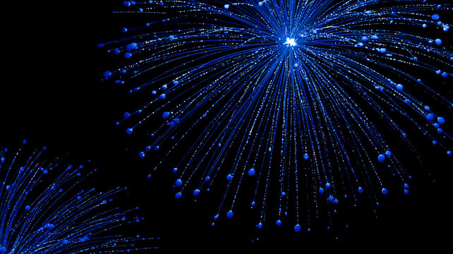 Bright blue abstract fireworks burst isolated on black background