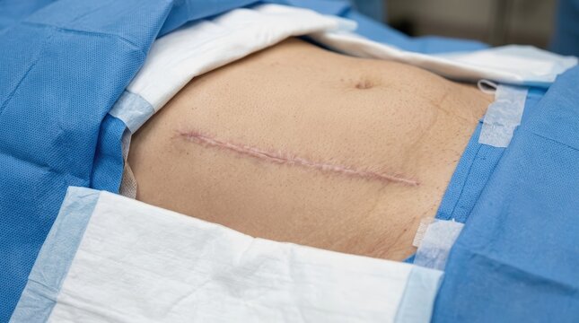 Close up of a fresh surgical incision scar on a human abdomen following a medical procedure in a hospital setting with blue sterile drapes and surgical bandages