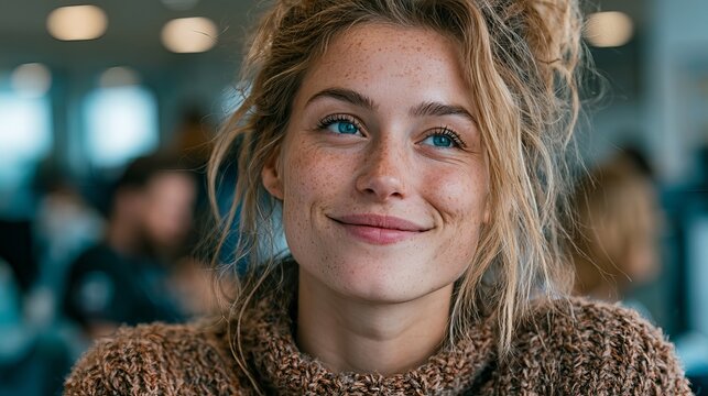 Beautiful young woman with freckles and striking blue eyes smiling warmly while daydreaming indoors during daylight